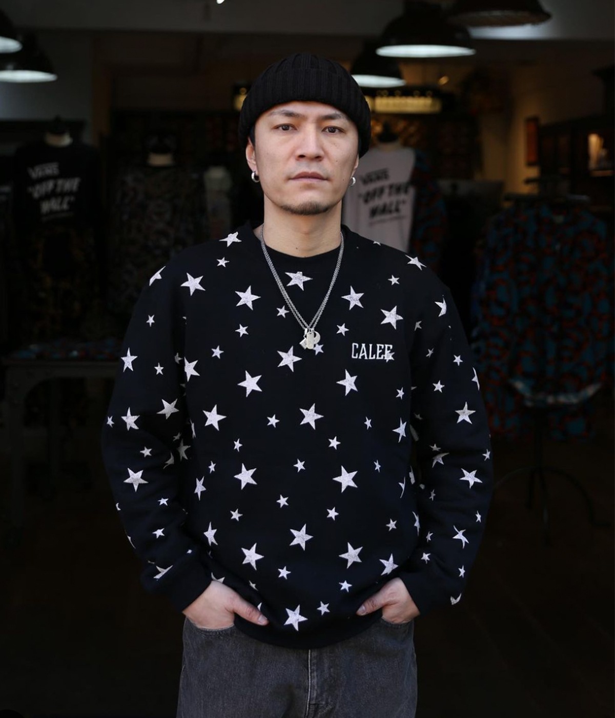 ALLOVER STAR PATTERN L/S SWEAT【BLACK/PINK】｜CALEE｜MELTING POT