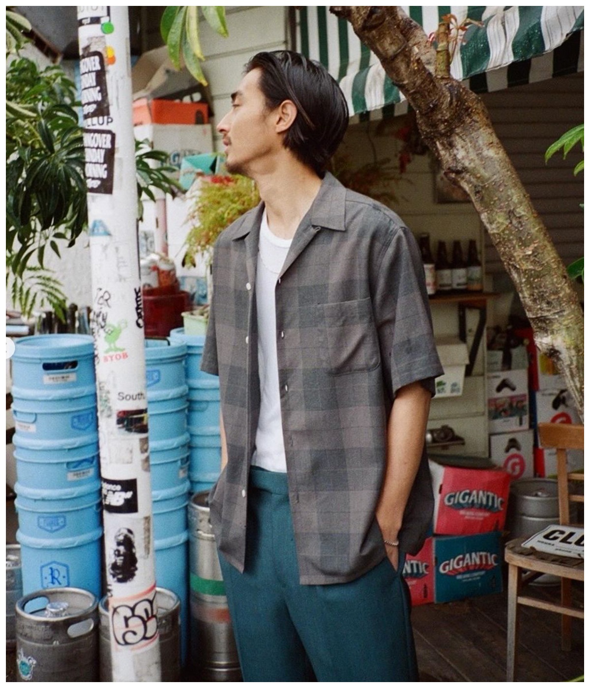 OMBRE CHECK OPEN COLLAR SHIRT (TYPE-3)【GRAY】