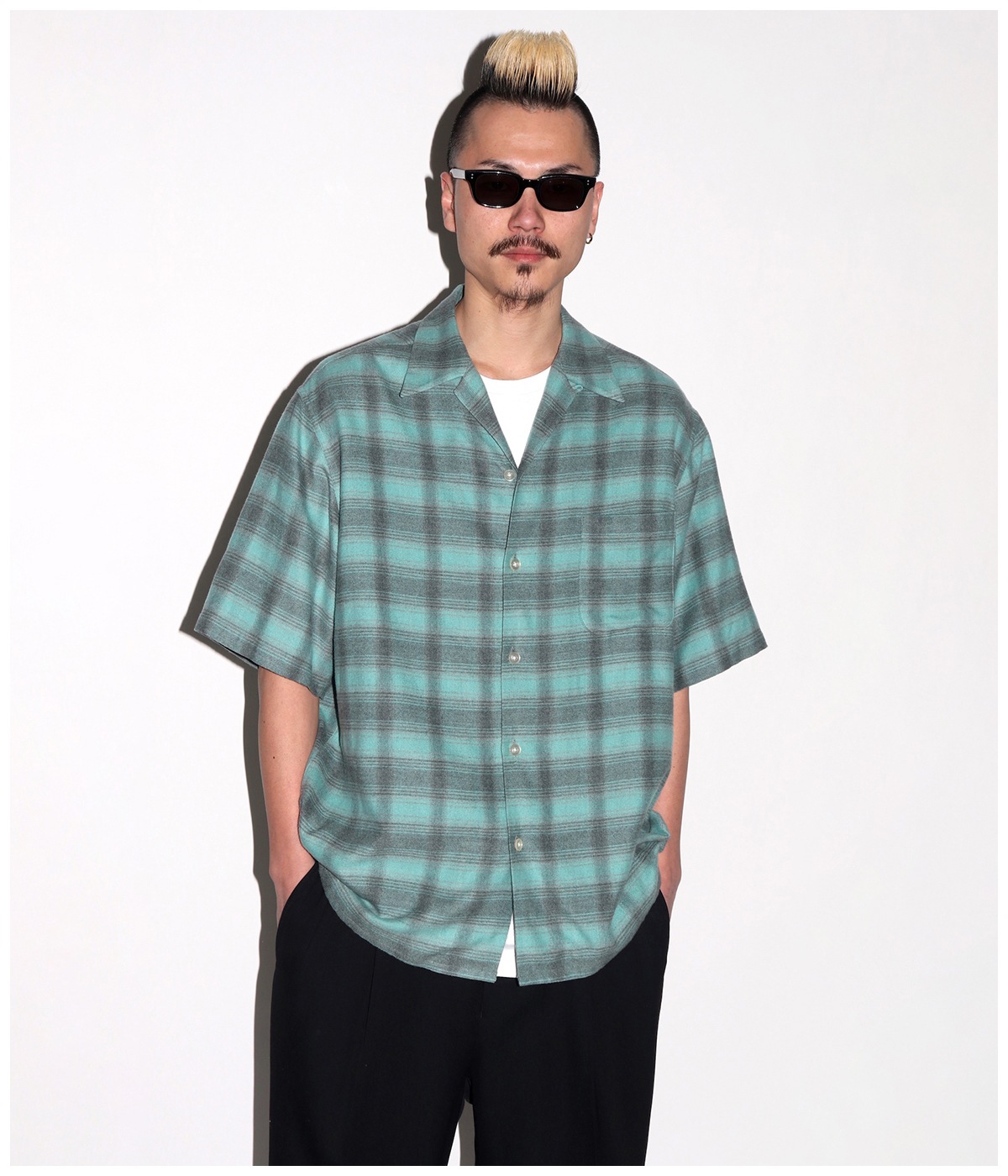 OMBRE CHECK OPEN COLLAR SHIRT (TYPE-2)【GREEN】｜WACKO MARIA