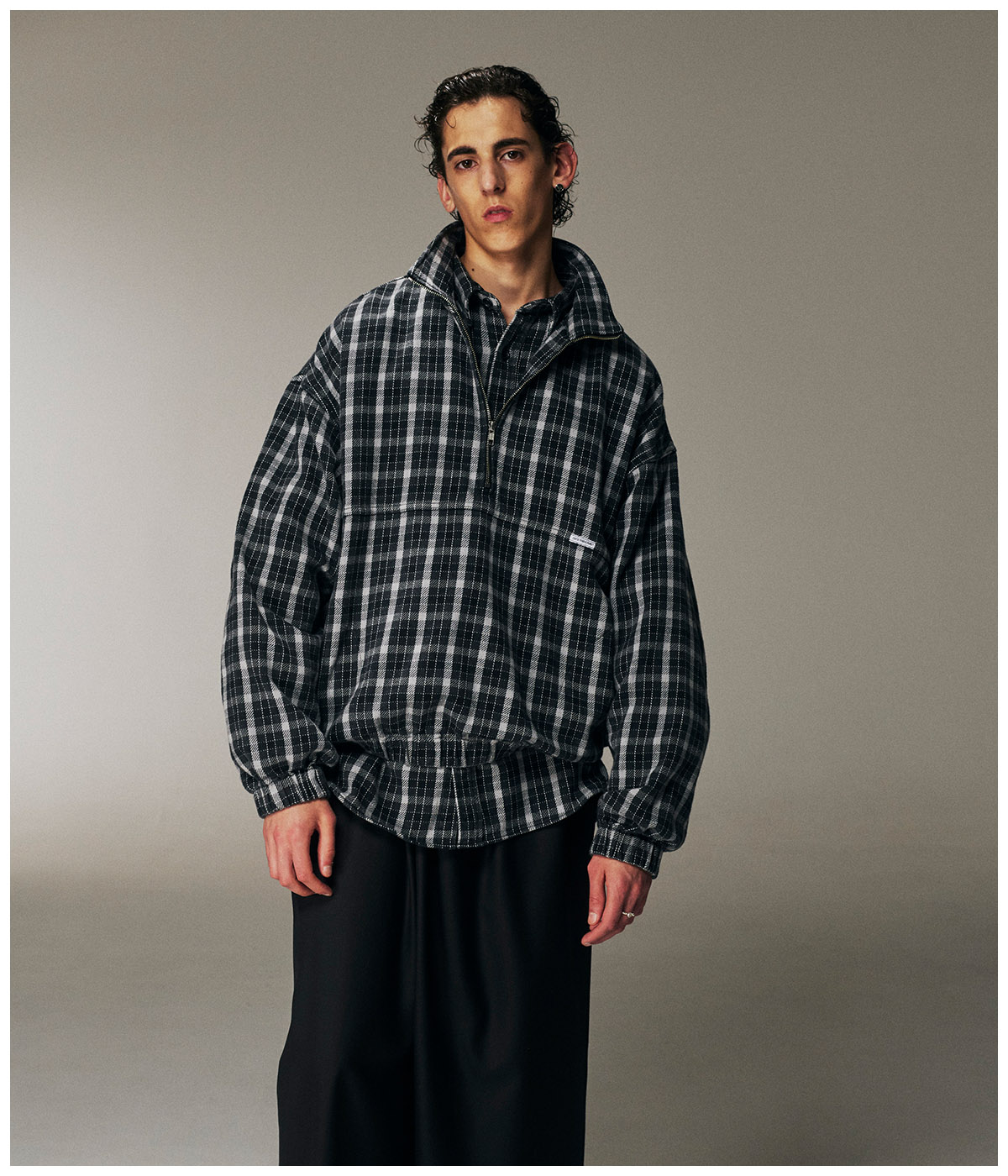 AD Processing Heavy Flannel Check Half Zip Pullover【BLACK