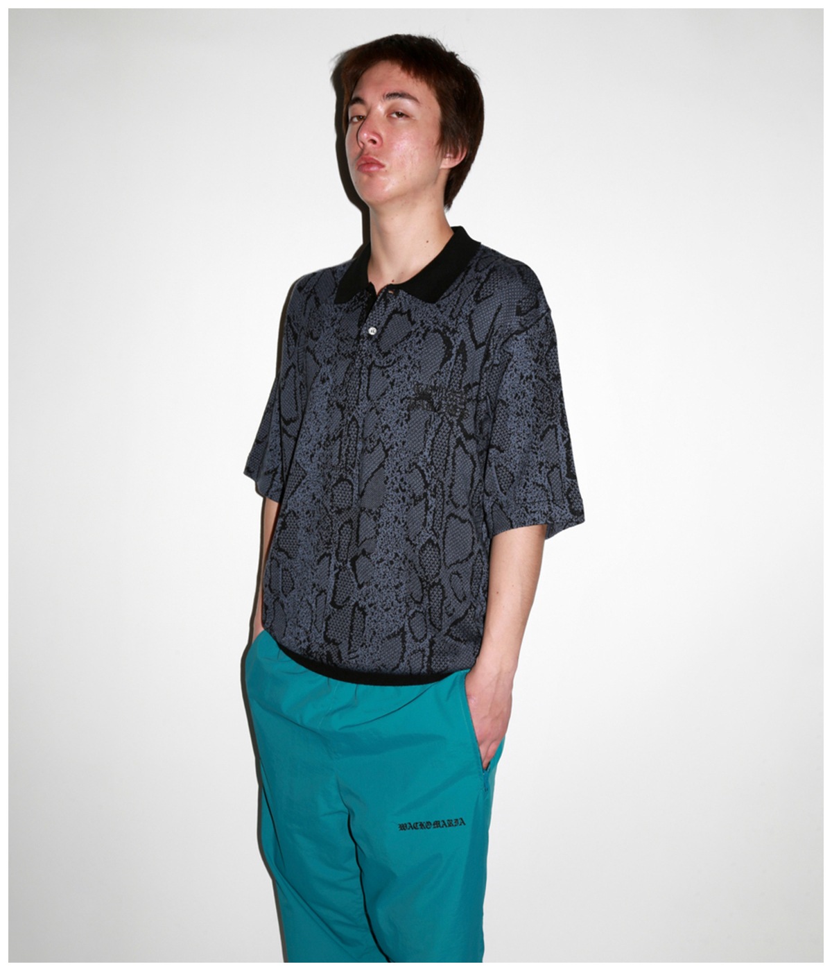 PYTHON JACQUARD KNIT POLO SHIRT【NAVY】｜WACKO MARIA