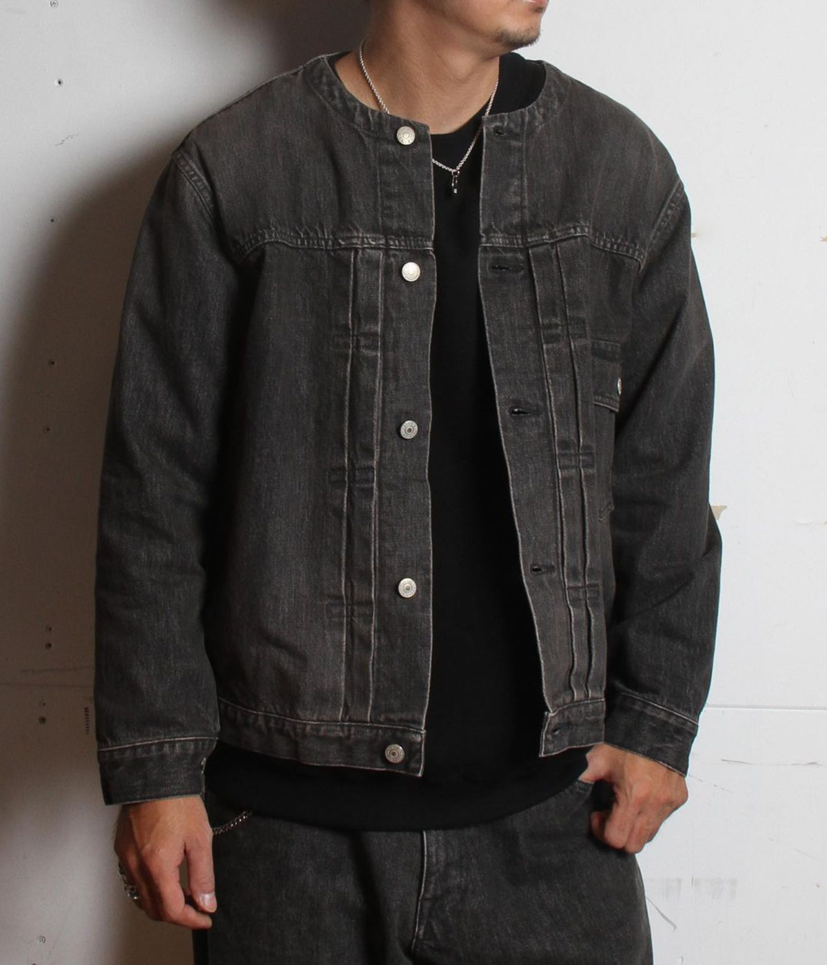 XL ★ CALEE 1st type ノーカラー デニム ジャケット CALEE - 1st type no collar denim jacket -one wash- (Ow