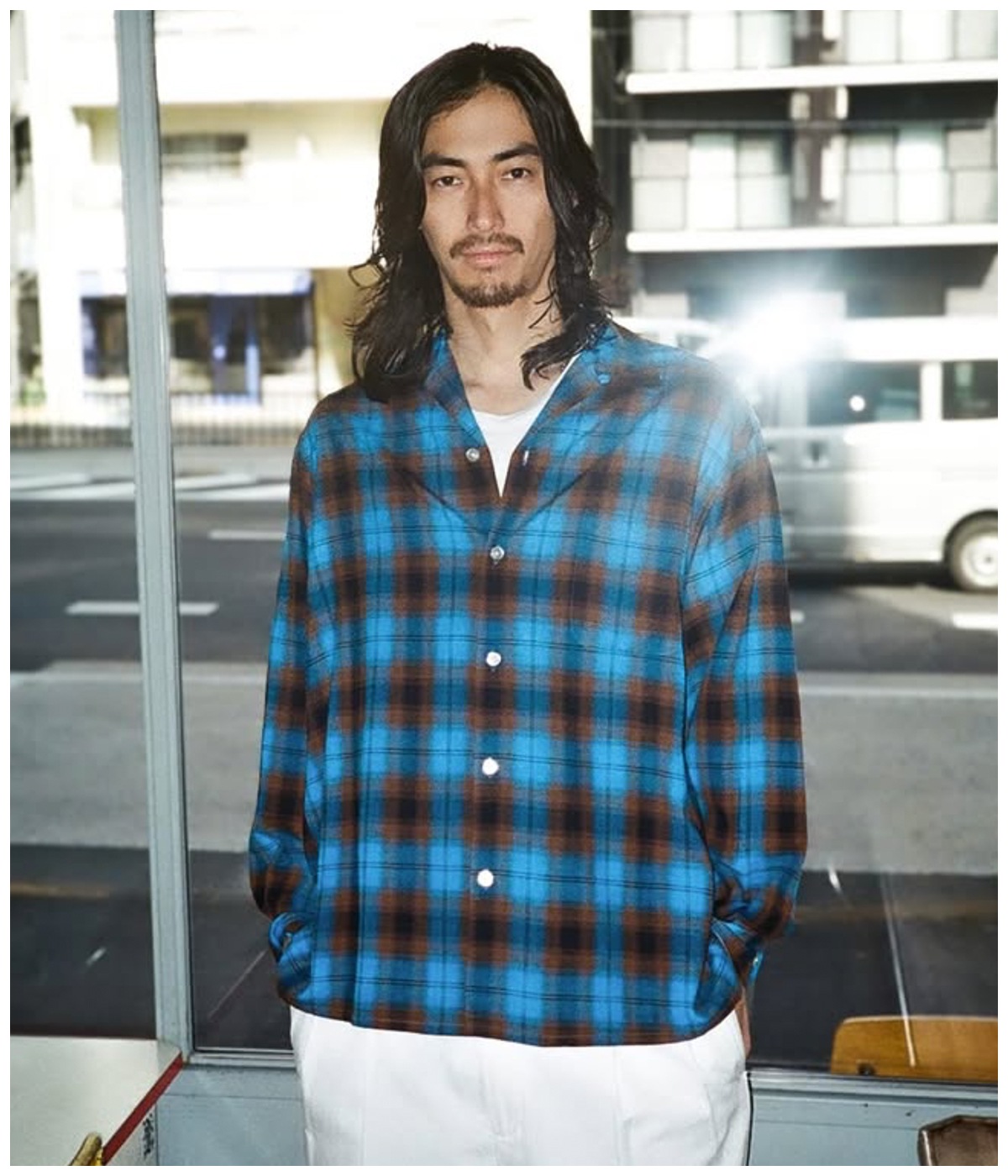 OMBRE CHECK OPEN COLLAR SHIRT L/S (TYPE-1)【BLUE】｜WACKO MARIA