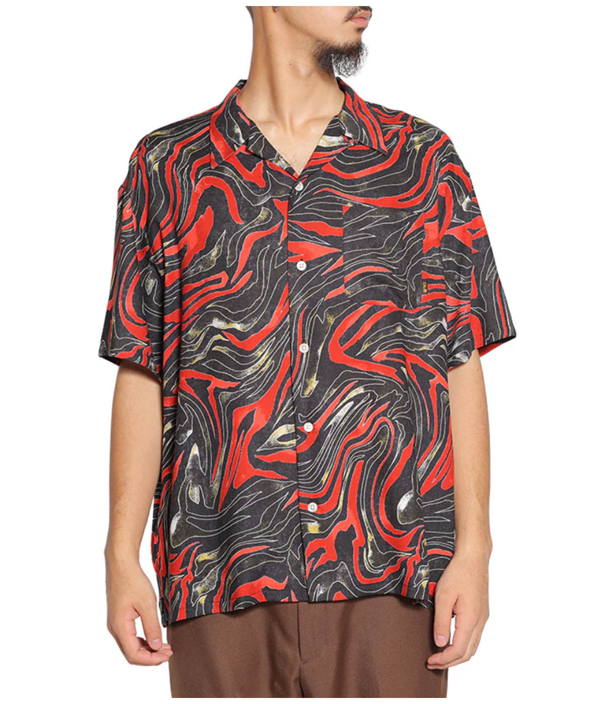 CAMO PATTERN OPEN COLLAR SH【BLACK/RED】