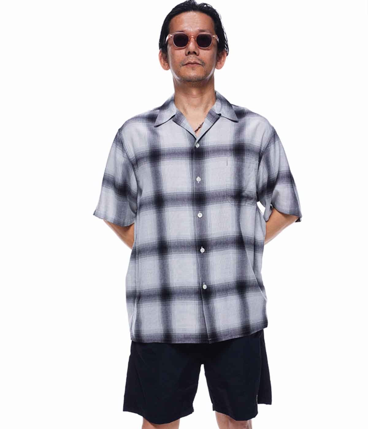 OMBRE CHECK OPEN COLLAR SHIRT S/S (TYPE-2)【WHITE-BLACK