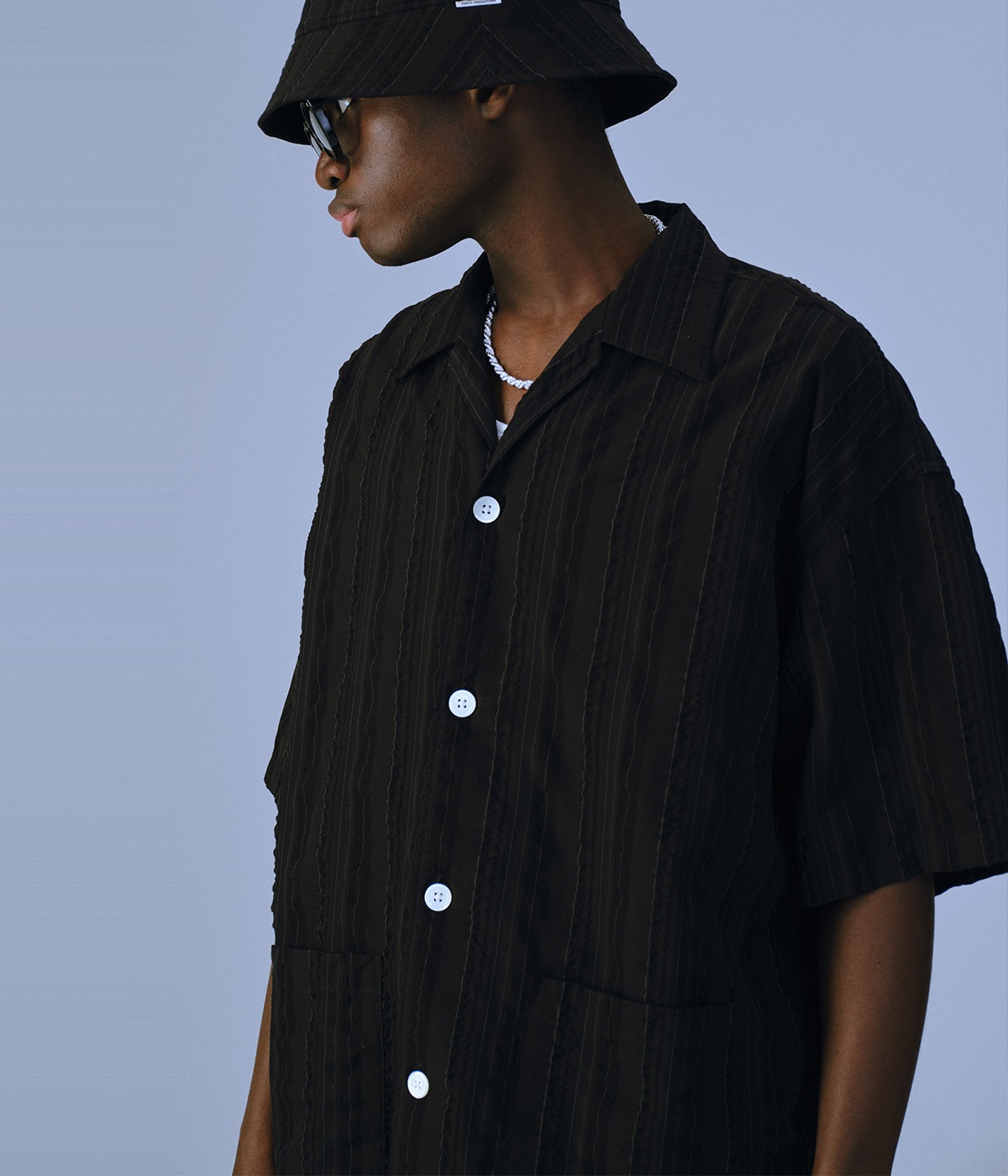 Stripe Sucker Cloth Open Collar S/S Shirt【BLACK】｜COOTIE 