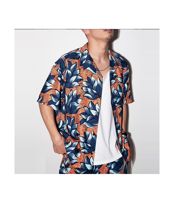 ALLOVER FLOWER PATTERN AMUNZEN CLOTH S/S SHIRT【ORANGE】｜CALEE