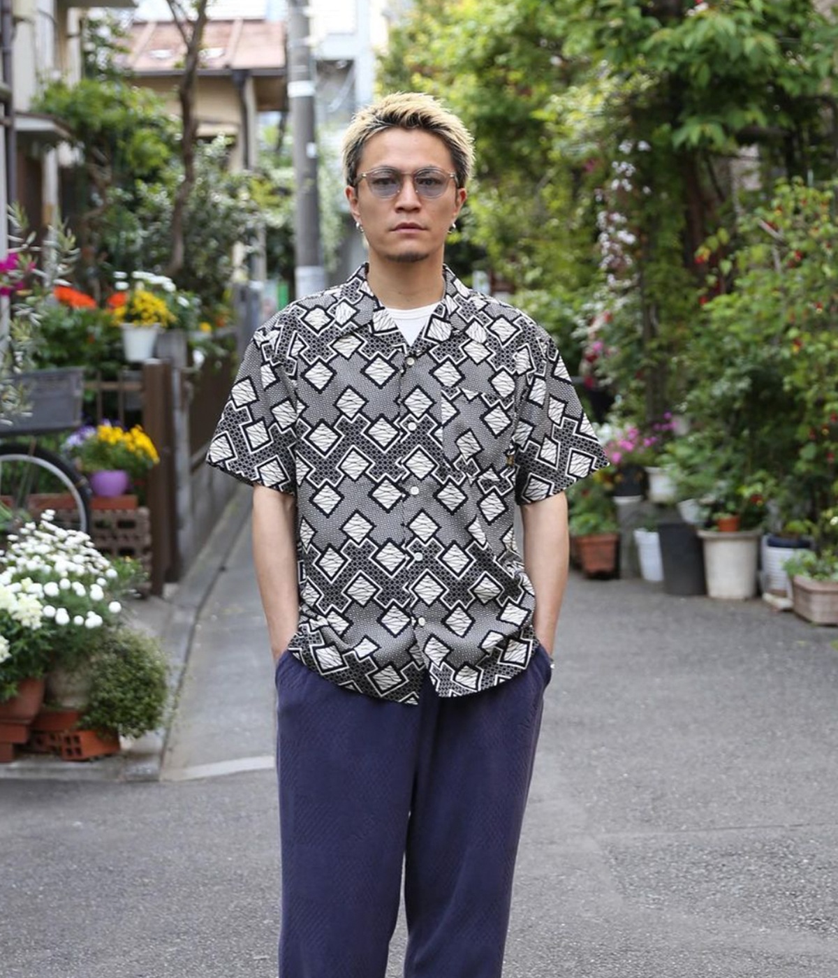 トップス Geometric pattern amunzen clothS/S shirt GEOMETRIC PATTERN AMUNZEN CLOTH S/S SHIRT【WHITE/BLACK】｜CALEE