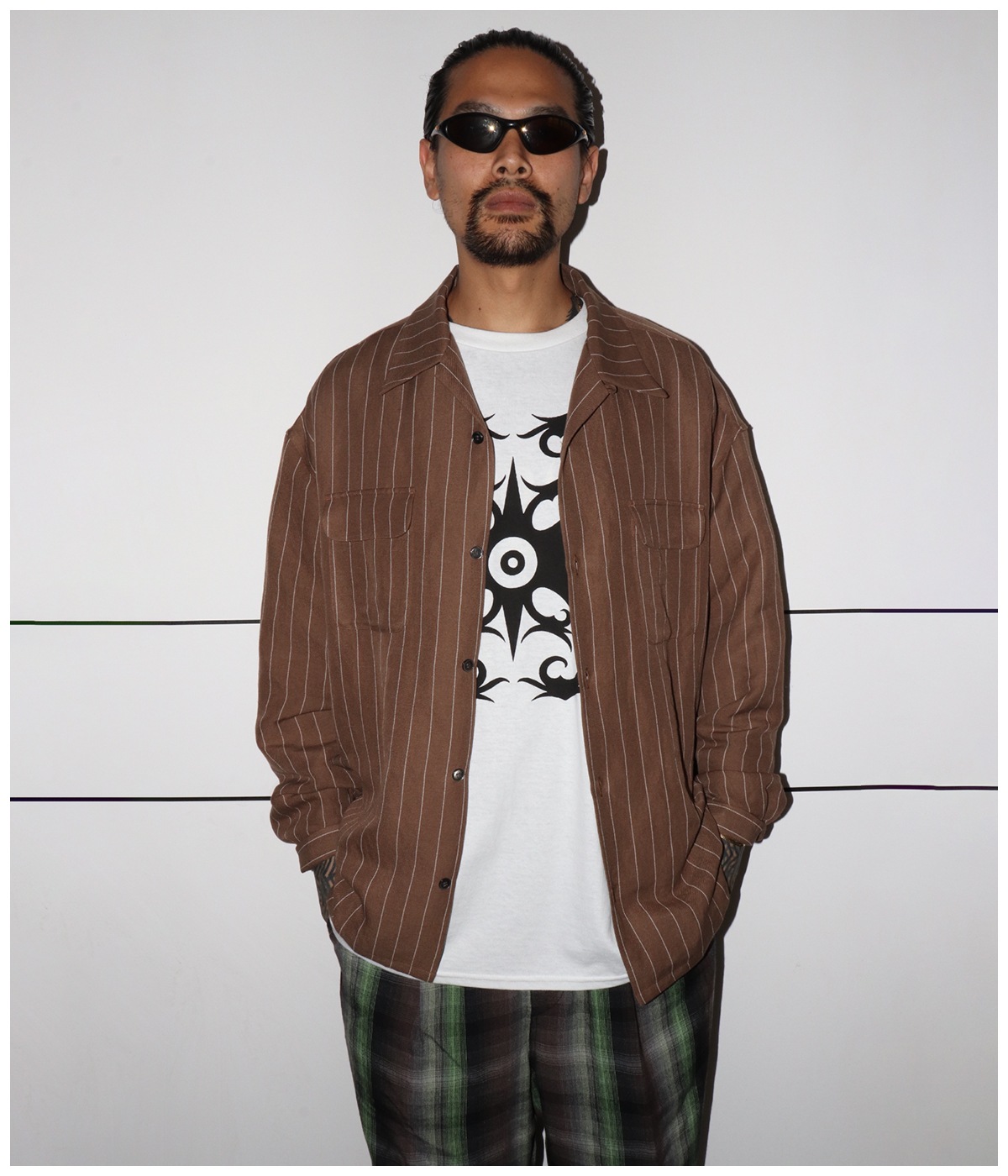 RAYON/HEMP PINSTRIPE OPEN COLLAR SHIRT【BROWNxWHITE】