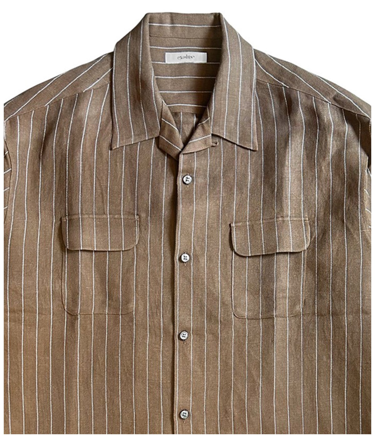 RAYON/HEMP PINSTRIPE OPEN COLLAR SHIRT【BROWNxWHITE】｜EXODUS