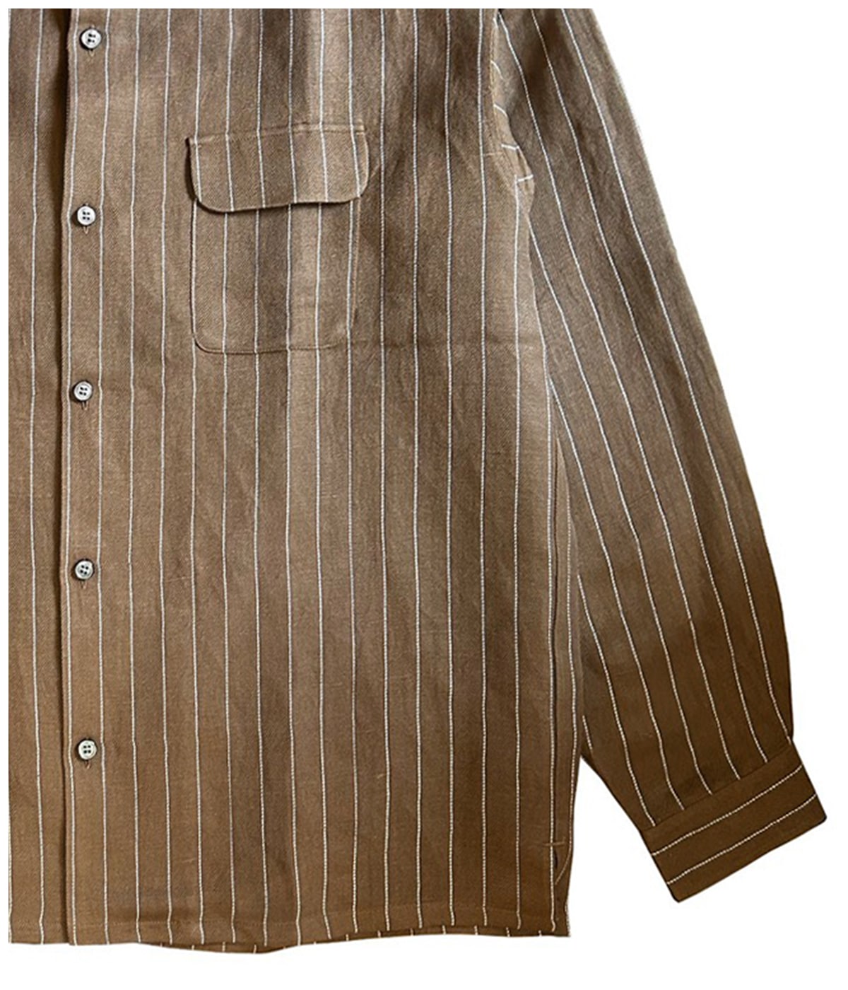 RAYON/HEMP PINSTRIPE OPEN COLLAR SHIRT【BROWNxWHITE】