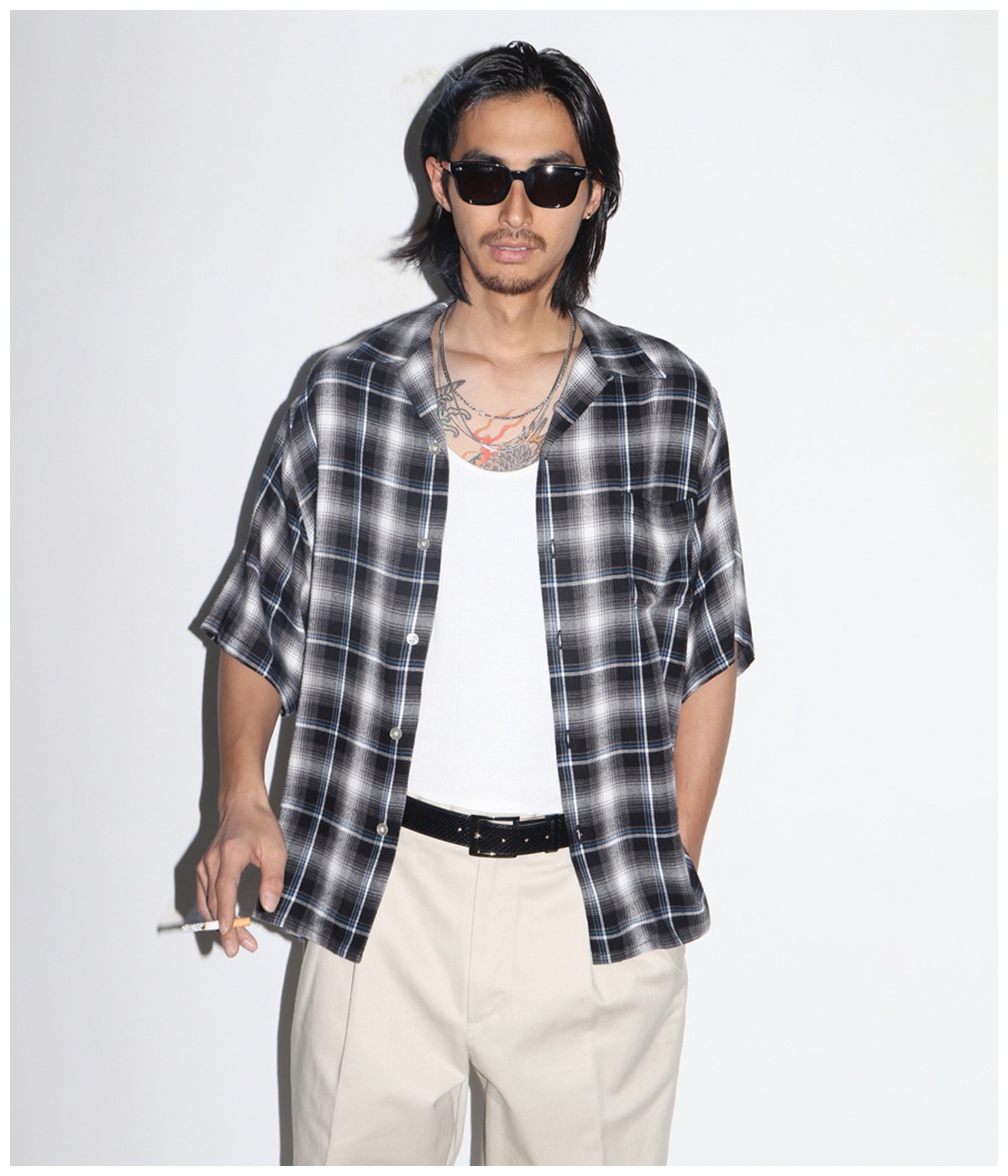 OMBRE CHECK OPEN COLLAR SHIRT (TYPE-1)【GRAY】｜WACKO MARIA