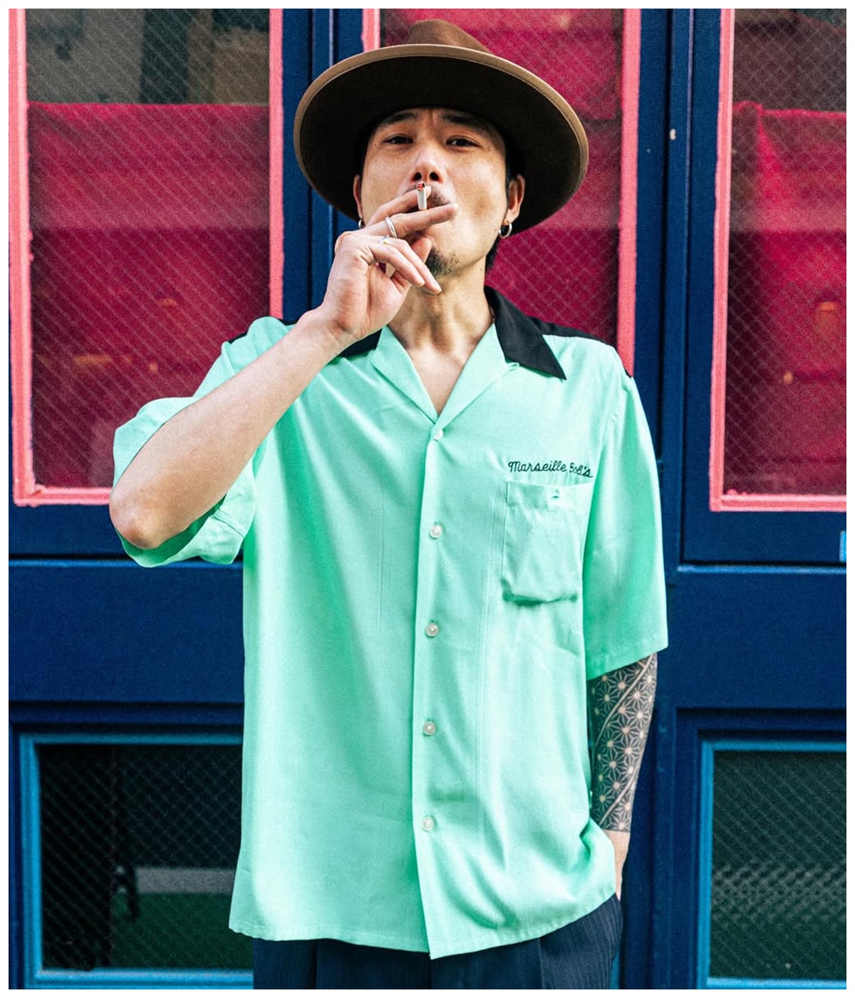 M oamc シャツジャケット　シルクプリント　Pangaea アクアグリーン THE PHOENICIAN SCHEME / 50'S OPEN COLLAR SHIRT【MINT】｜WACKO