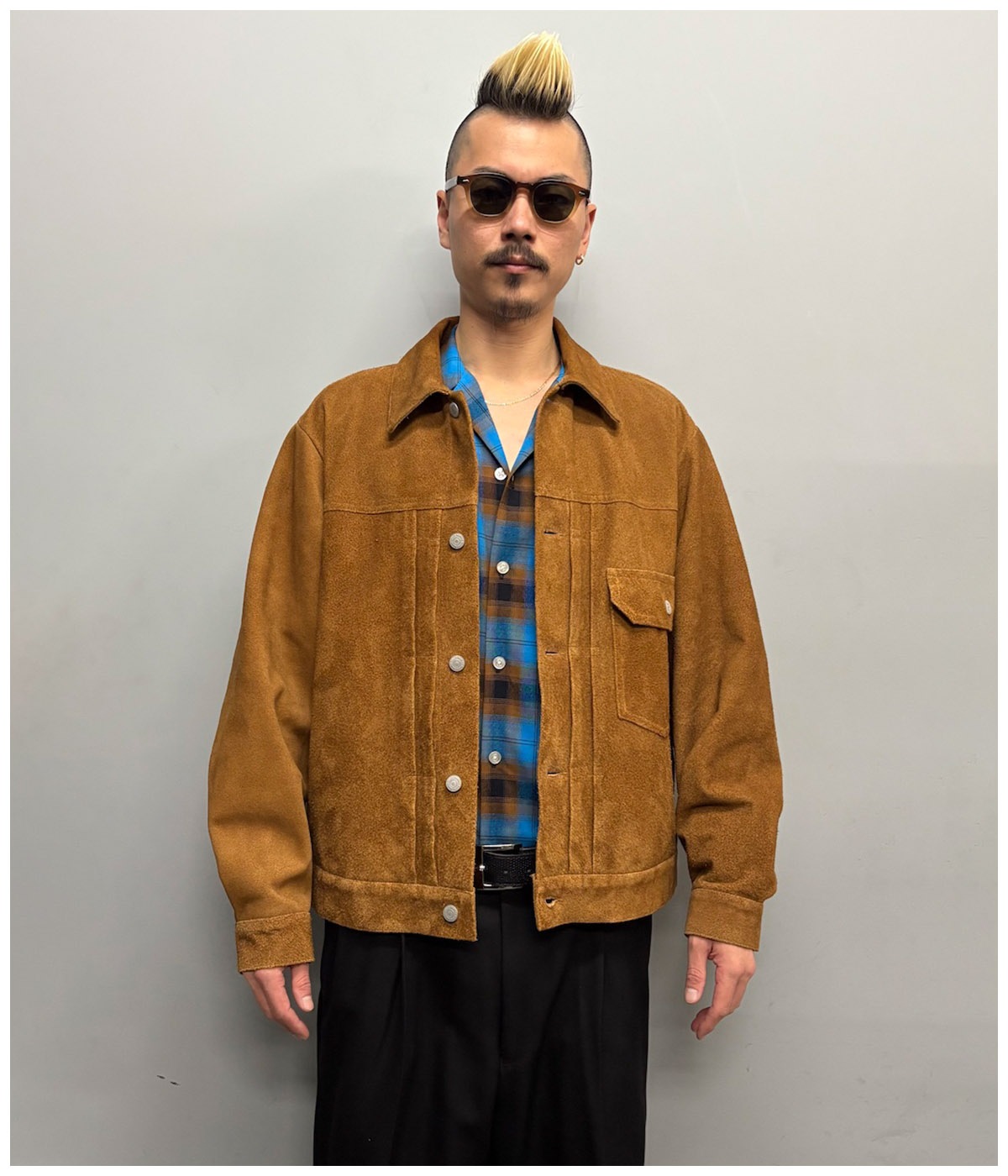 OMBRE CHECK OPEN COLLAR SHIRT (TYPE-2)【BLUE】