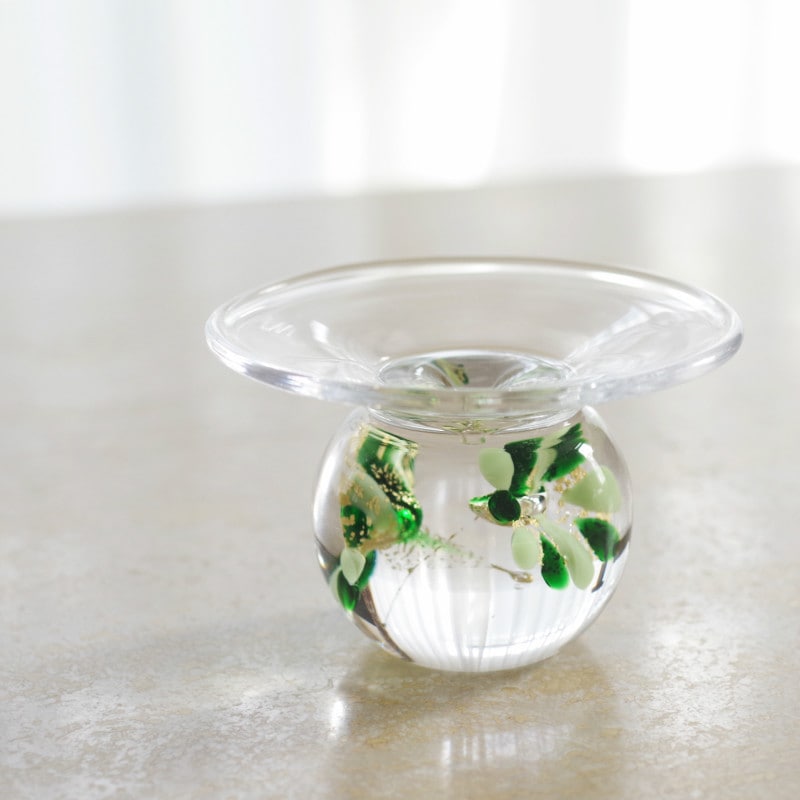 金箔を使用　職人が吹きガラスでつくるガラスのお香たて　水中花 (グリーン×金箔)