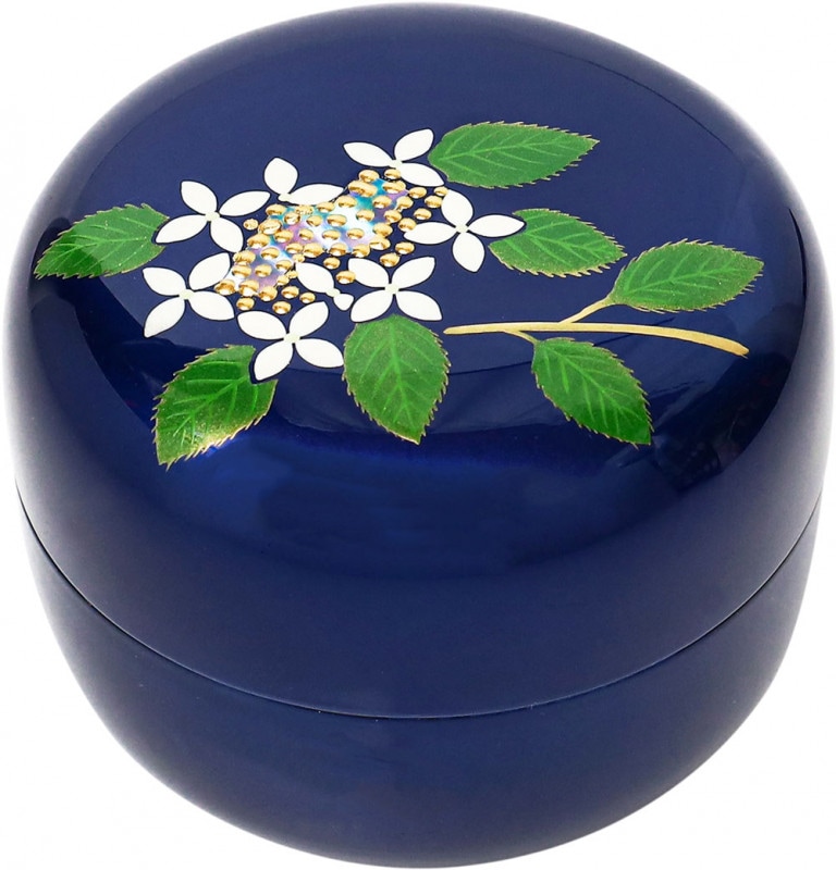 木製分骨ミニ骨壷【こころ・紫陽花（コバルト色）】モダンな現代蒔絵と螺鈿を施したネジ式漆塗りの日本製分骨用骨壷