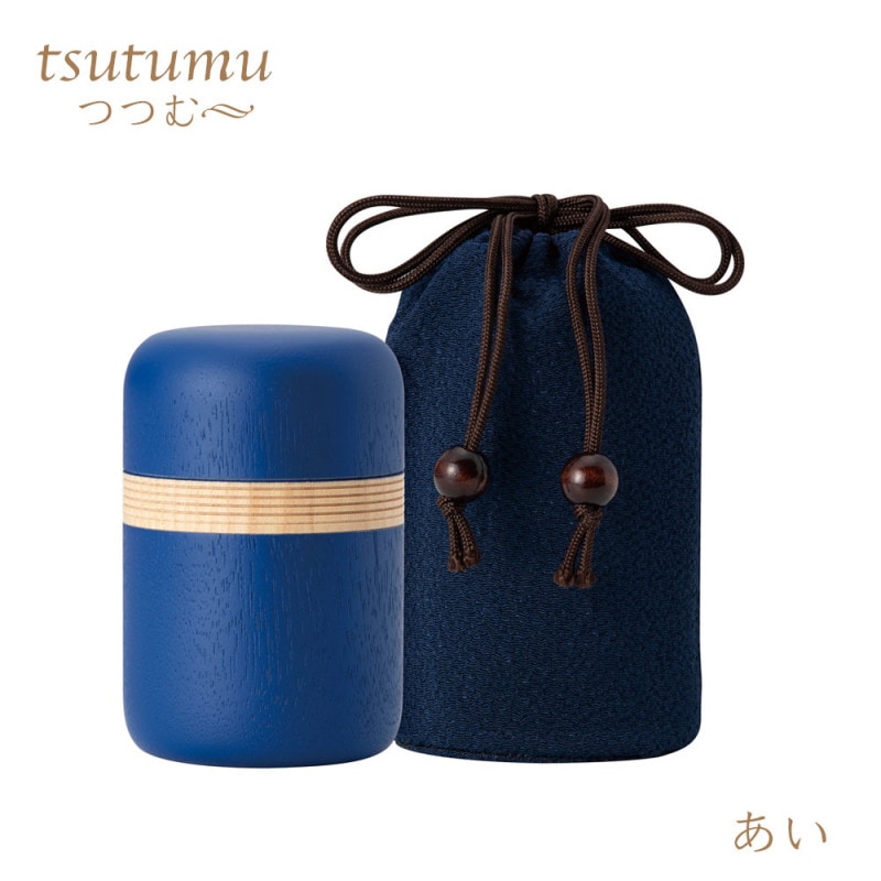 「つつむ」日本製の温かみある木製ミニ骨壷　専用巾着付でいつでも、どこにいても　【カラー：あい】