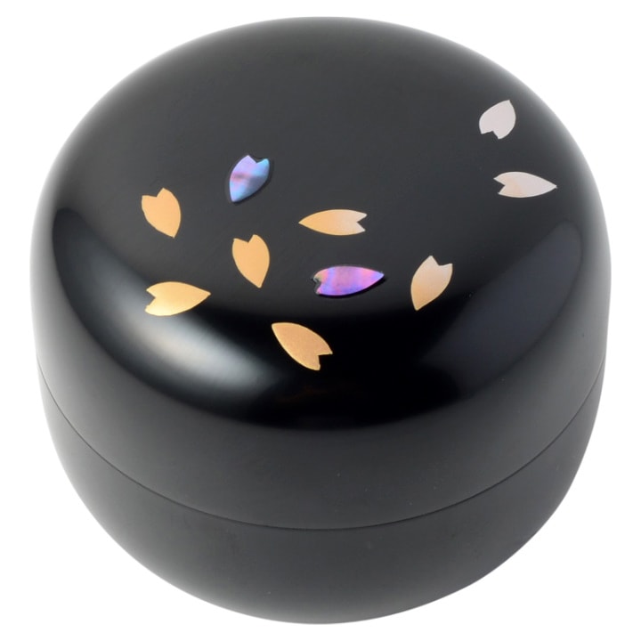 木製分骨ミニ骨壷【こころ・偲桜（しのびさくら）】モダンな現代蒔絵と螺鈿を施したネジ式漆塗りの日本製分骨用骨壷