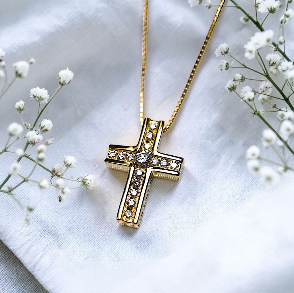 LG CROSS-03 クロス　K18YG (K18PGも可) 3mmの誕生石 14石のダイヤモンド [遺骨ペンダント・樹脂タイプ完全防水]   ※本店限定取扱商品