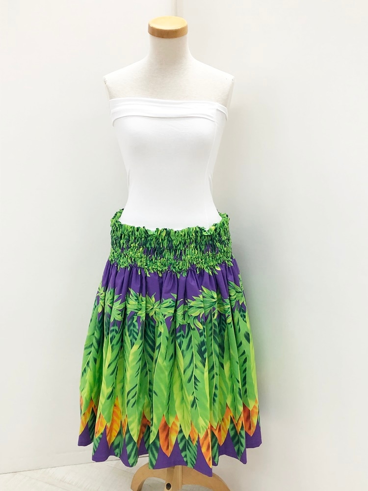 ハワイアン パウスカート 緑と赤の花柄 丈70cm リバーシブル