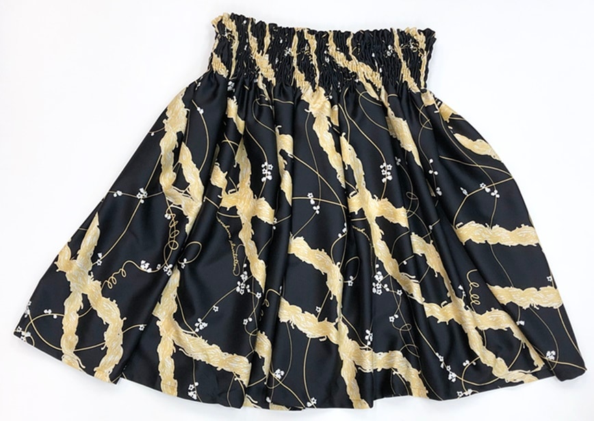 オリジナルパウスカート3.6ｍ75cm丈　レイ オ ラナイ（ブラック/ゴールド）　ポリエステル100％