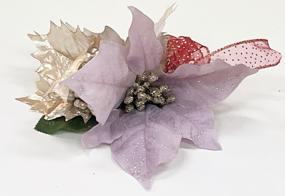 【プレミアムヘアクリップ】パープルポインセチア（金ヒイラギの葉とリボン）