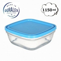 デュラレックス カレボウル 1150ml 正方形 DURALEX N9022 全面物理強化ガラス 蓋フタ付き フランス製 ブルー  ガラスボウル ボール ボウル ガラス タッパー 電子レンジOK 保存