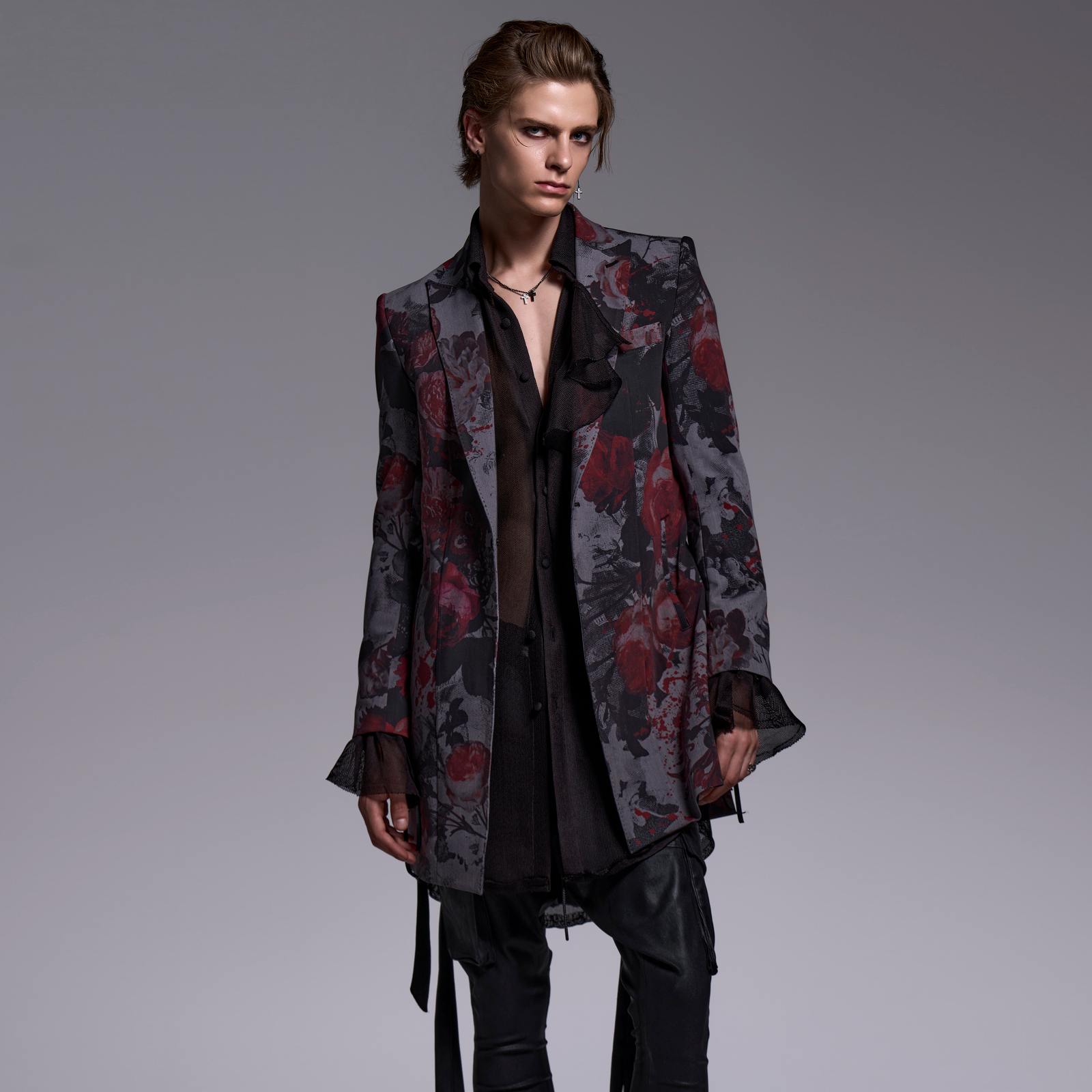 kiryuyrik 花柄　ロングジャケット　Ｌサイズ　美品 予約品】kiryuyrik(キリュウキリュウ) Gray Flora Gabardine Long