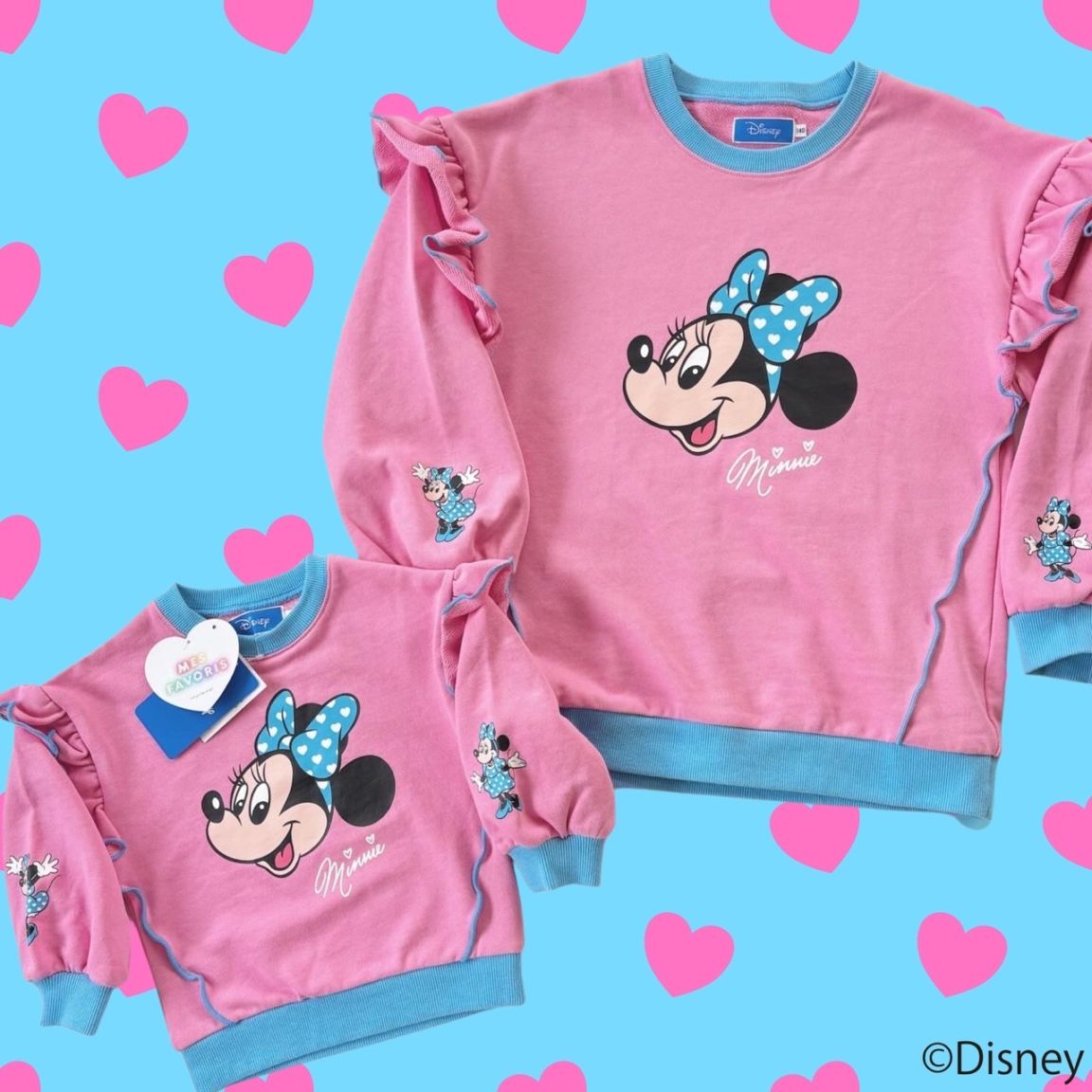 90-150.大人size[即納]  ピンク×水色ハートドットミニーマウスフリルトレーナー    ( mes favoris original )