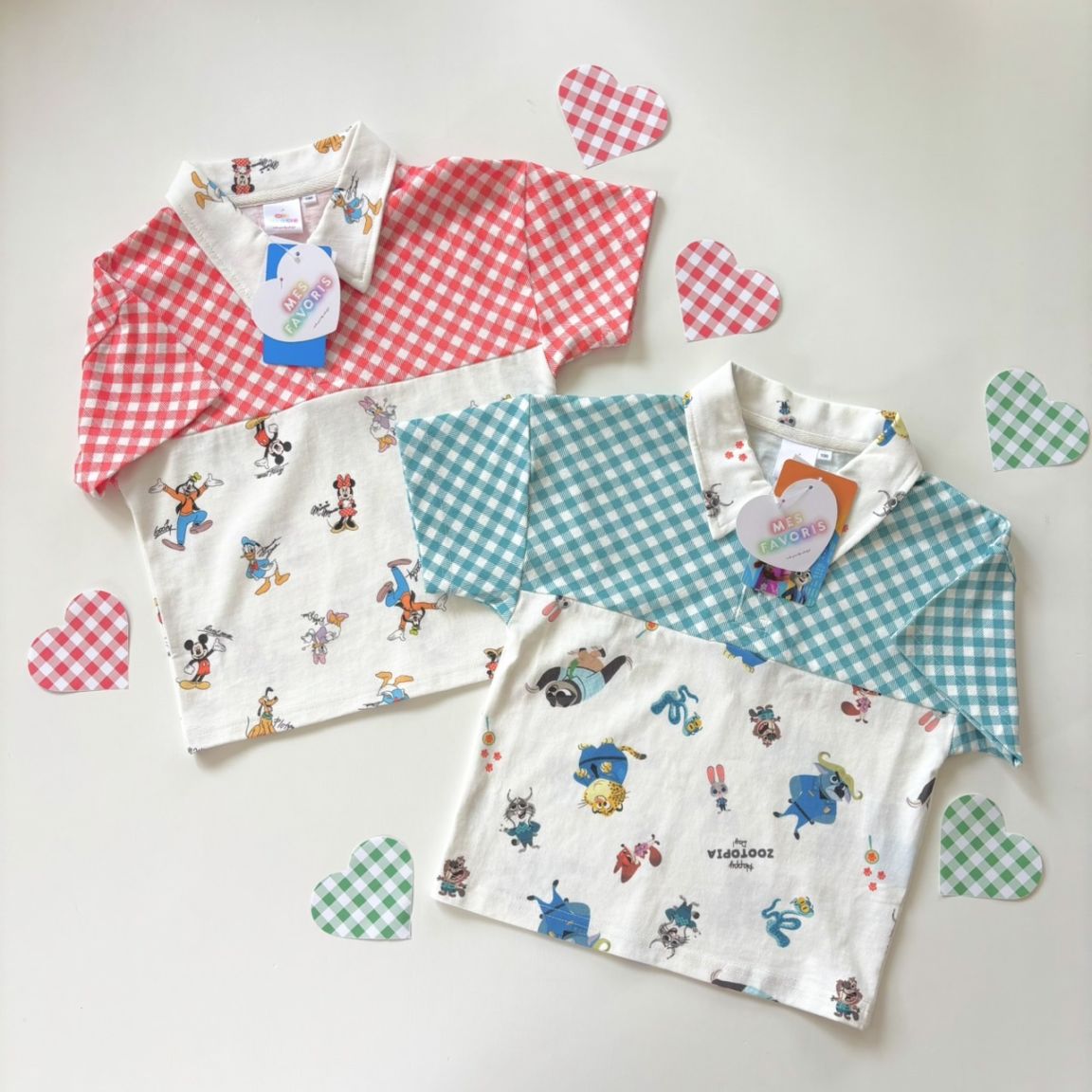 100-150&大人size [即納]   ギンガムチェックポロTシャツ　ミッキーフレンズ&ズートピア2  ( mes favoris original )