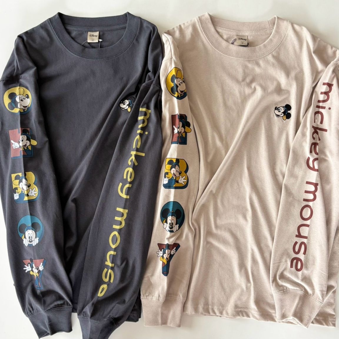 大人size[即納]   袖ミッキープリント　長袖Tシャツ