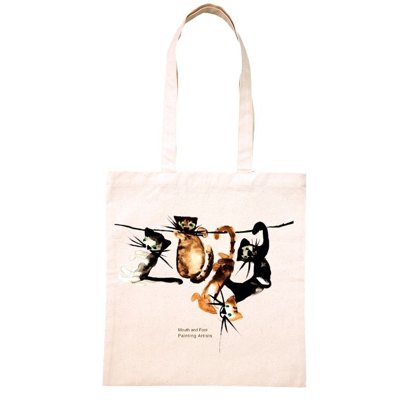 【倉敷帆布コラボ】 トートバッグ 「アクロバットダンス」 T29｜口で描いた猫のアート・丈夫な帆布バッグ
