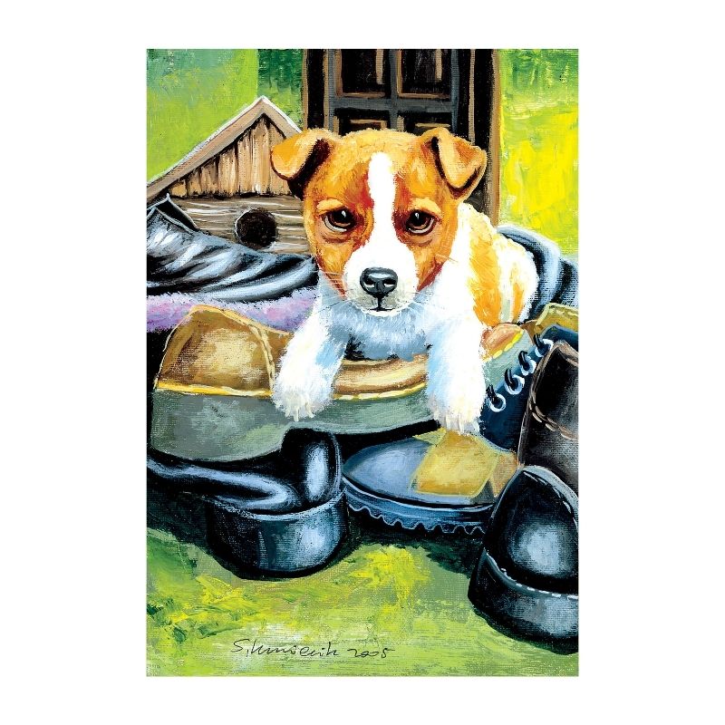 絵葉書「靴と子犬」№628｜愛らしいまなざしを届ける犬のカード