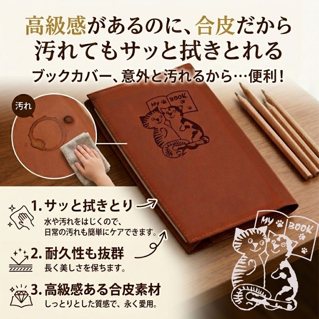 【合皮の大人かわいい読書グッズ】 ブックカバー 「MY BOOK」 №370｜文庫本サイズ・型押しネコデザイン