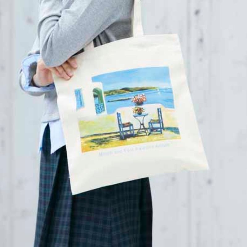 【倉敷帆布コラボ】 トートバッグ 「テラスからの眺め」 T31｜口で描いた地中海の風景・上質のキャンバスアートバッグ