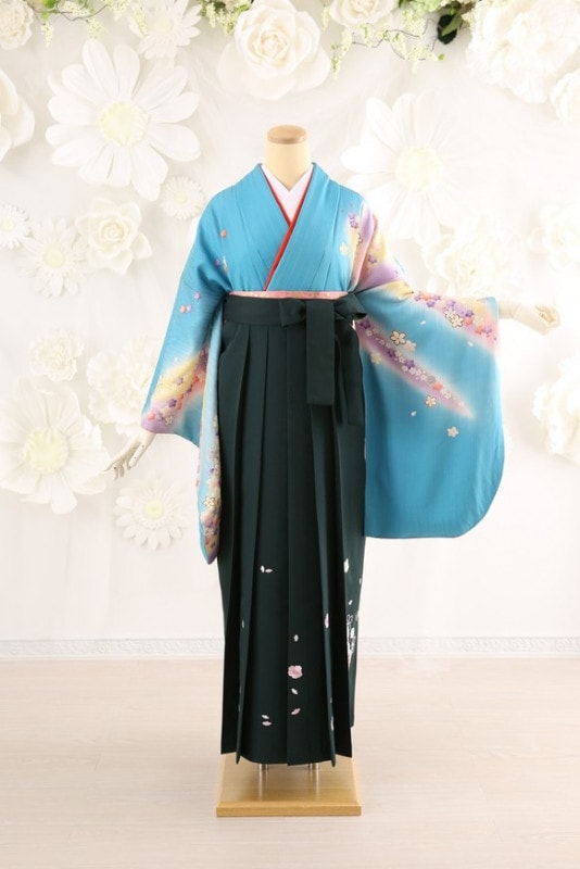 【卒業式袴レンタル/着物レンタル/通販レンタル】ブランド/学生袴/先生袴/卒業式/小学生袴/かわいい袴/水色/グリーン/着物-208/袴-220