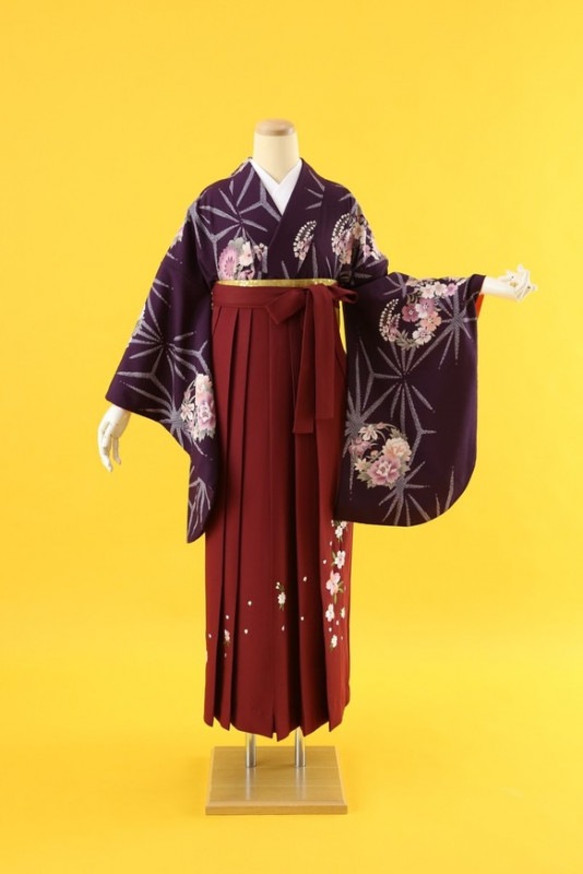 【卒業式袴レンタル/着物レンタル/通販レンタル】/学生袴/卒業式/小学生袴/先生袴/エンジ/紫/着物-223/袴-77