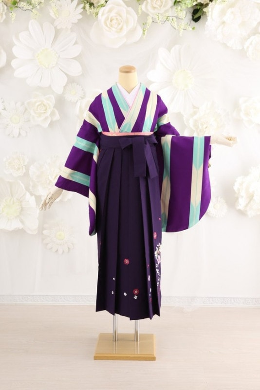 【卒業式袴レンタル/着物レンタル/通販レンタル】　学生袴/卒業式/小学生袴/レトロモダン/紫/白/水色/着物-371/袴-132