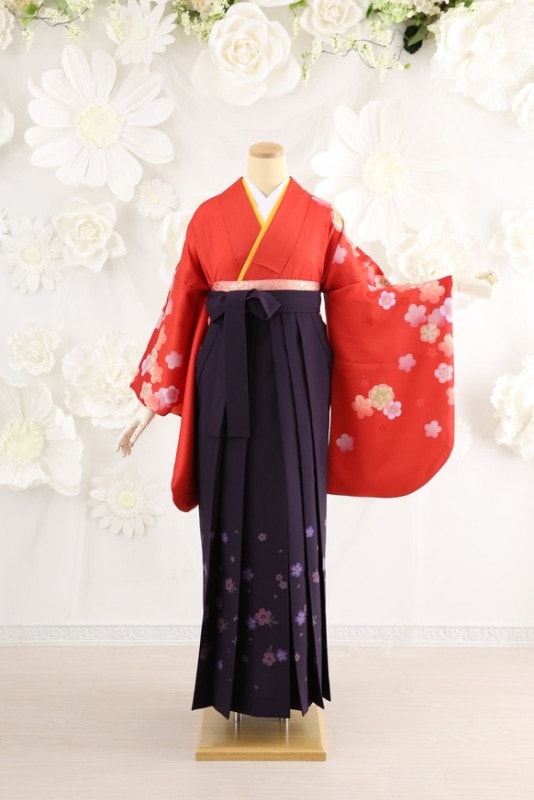 【卒業式袴レンタル/着物レンタル/通販レンタル】　先生袴/学生袴/卒業式/小学生袴/かわいい袴/レトロモダン/赤/紫/着物-155/袴-84