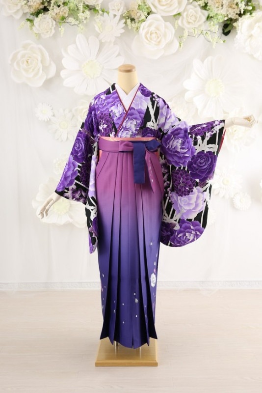 【卒業式袴レンタル/着物レンタル/通販レンタル】ブランド　スザンヌ/卒業式/学生袴/先生袴/小学生袴/モダン/黒/紫/着物-305/袴-190
