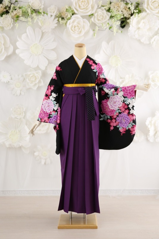 【卒業式袴レンタル/着物レンタル/通販レンタル】　ブランド　マーキュリーデュオ/学生袴/卒業式/小学生袴/かわいい袴/黒/紫/着物-281/袴-180