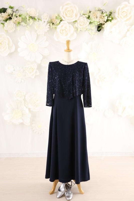 【結婚式パーティーお呼ばれドレスレンタル】結婚式/謝恩会/二次会/ネイビー/レース/13号/13-281