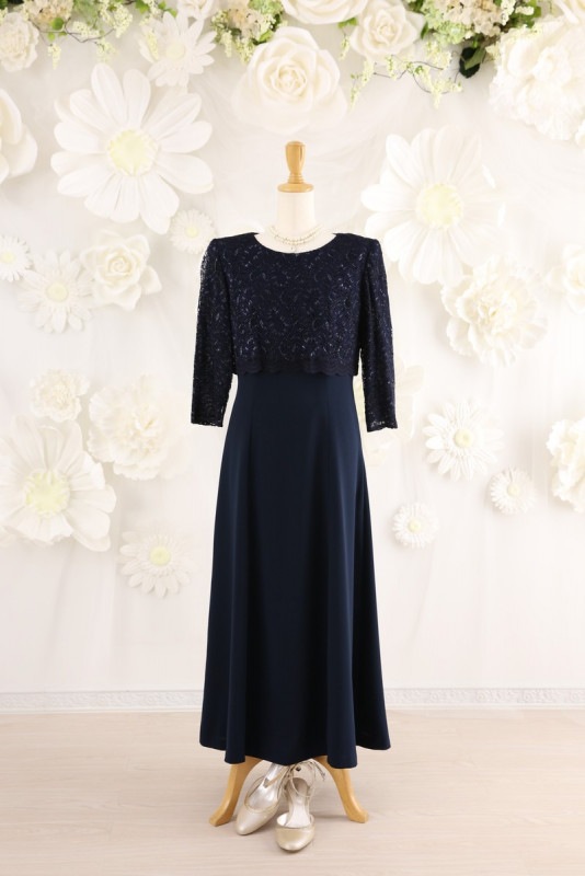 【結婚式パーティーお呼ばれドレスレンタル】結婚式/謝恩会/二次会/レース/ネイビー/13号/13-280