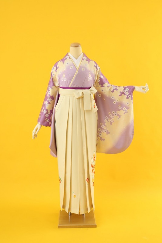 【卒業式袴レンタル/着物レンタル/通販レンタル】　学生袴/先生袴/卒業式/小学生袴/かわいい袴/紫/白/オフホワイト/着物-174/袴-253