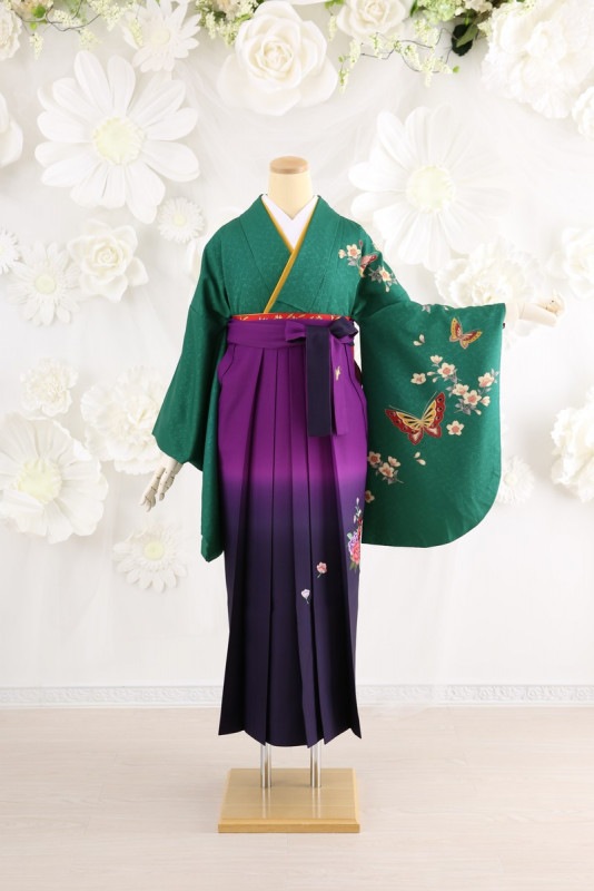 【卒業式袴レンタル/着物レンタル/通販レンタル】　　学生袴/卒業式/小学生袴/かわいい袴/紫/グリーン/着物-15/袴-24