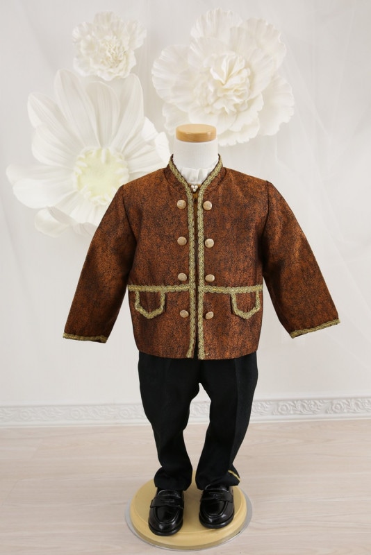 【結婚式パーティーお呼ばれ男の子フォーマル・男の子レンタル】結婚式/発表会/男の子タキシード/茶/ゴールド/2歳用/3歳用/J1-6（90）