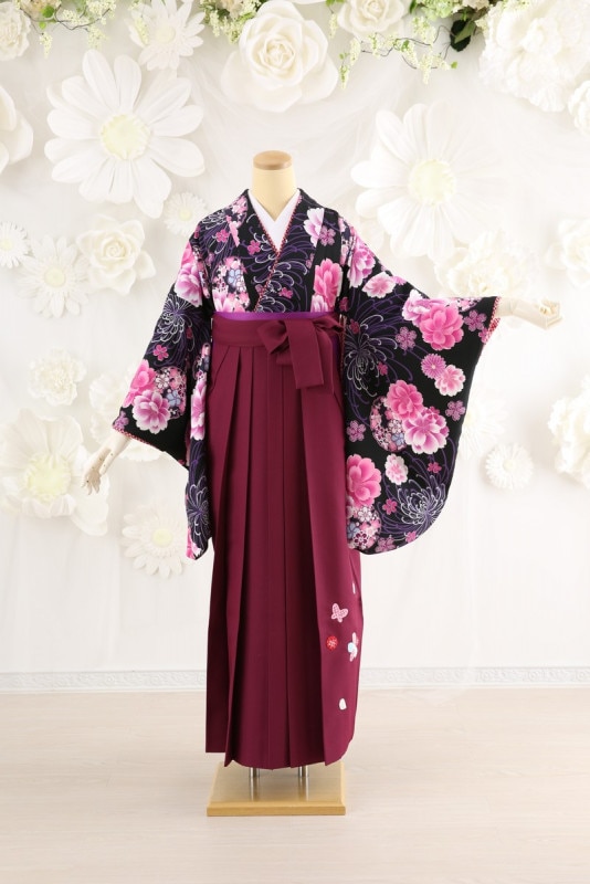 【卒業式袴レンタル/着物レンタル/通販レンタル】ブランド カンサイ/学生袴/卒業式/小学生袴/かわいい袴/黒/エンジ/着物-280/袴-143