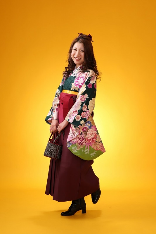 【卒業式袴レンタル/着物レンタル/通販レンタル】　学生袴/先生袴/卒業式/小学生袴/レトロ/古典/グリーン/緑/エンジ/着物-336/袴-97