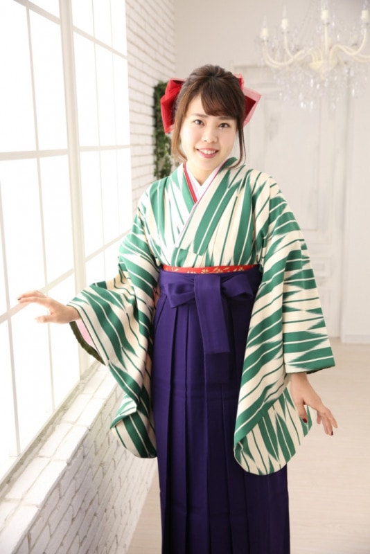 【卒業式袴レンタル/着物レンタル/通販レンタル】　先生袴/学生袴/卒業式/小学生袴/かわいい袴/レトロモダン/グリーン/紫/着物-361/袴-132