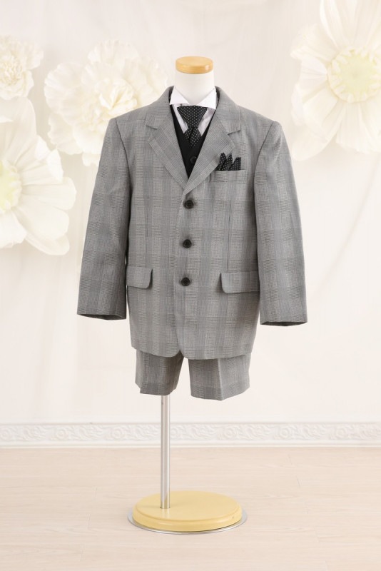 【結婚式パーティーお呼ばれ男の子フォーマル・男の子レンタル】 結婚式/発表会/男の子スーツ/男の子タキシード/黒/ストライプ/7歳用/J7-20（120）